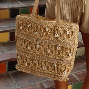 Woven Straw Tote Bag with Shell Accents - Natural